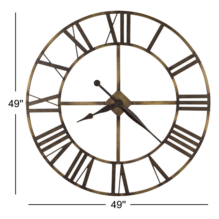 Oversized Antique Brass Metal Wall Clock with Roman Numerals