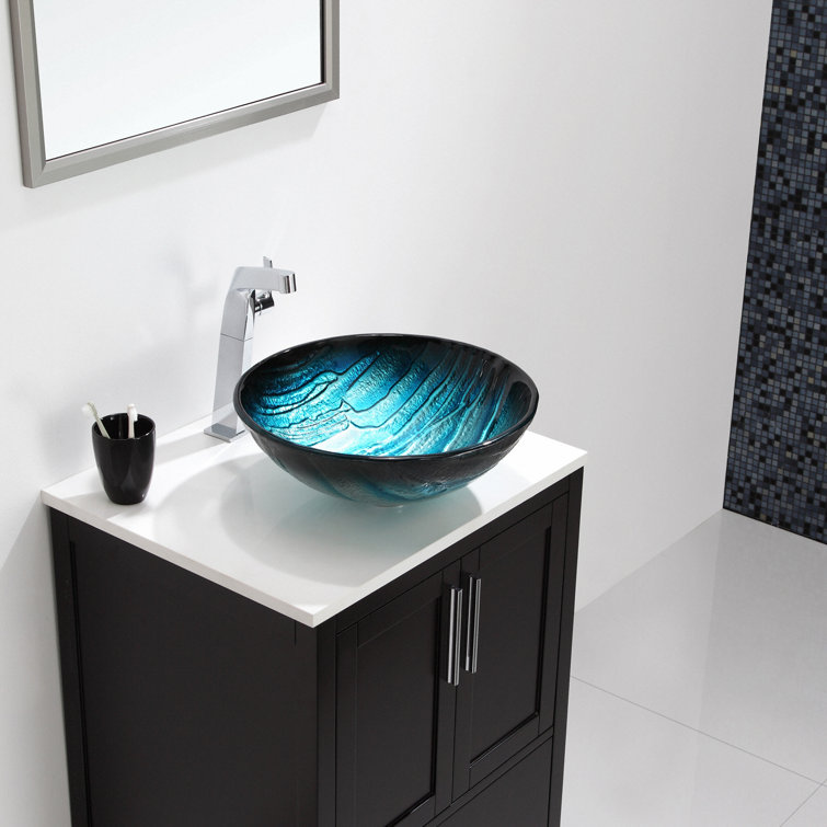 Ladon 17-Inch Blue Tempered Glass Vessel Bathroom Sink