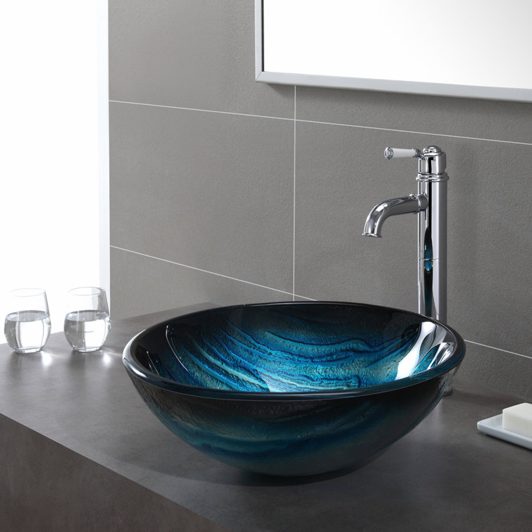 Ladon 17-Inch Blue Tempered Glass Vessel Bathroom Sink