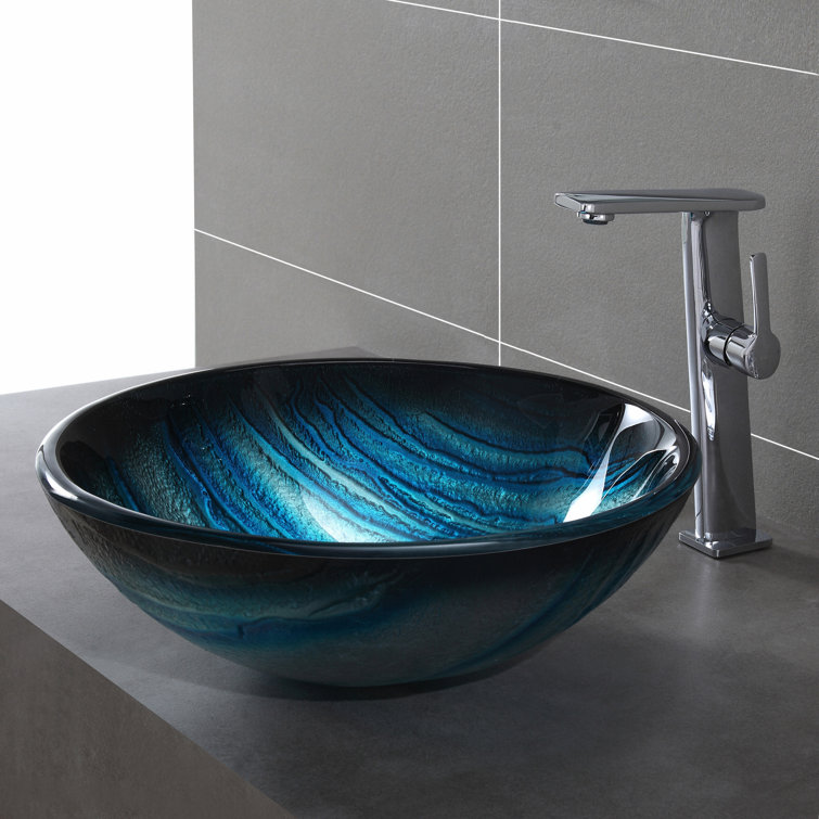 Ladon 17-Inch Blue Tempered Glass Vessel Bathroom Sink