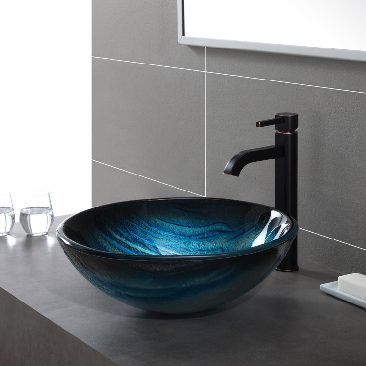 Ladon 17-Inch Blue Tempered Glass Vessel Bathroom Sink