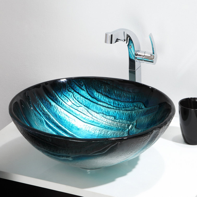 Ladon 17-Inch Blue Tempered Glass Vessel Bathroom Sink