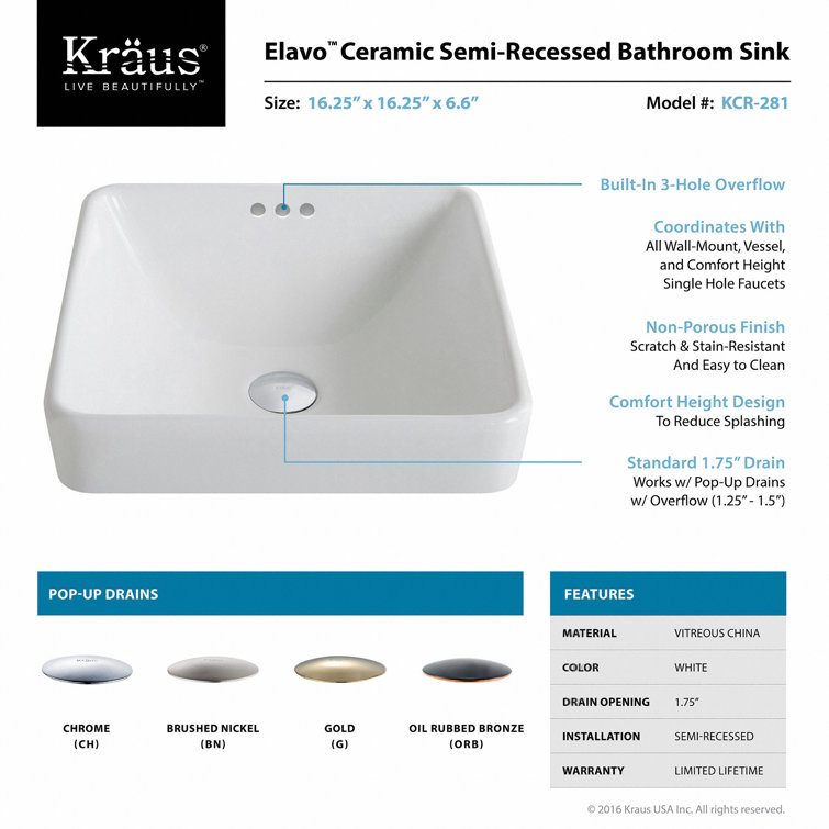 Elavo White Ceramic Square Semi-Recessed Bathroom Sink