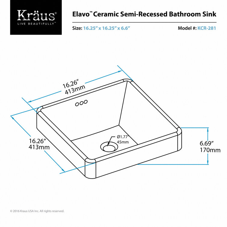 Elavo White Ceramic Square Semi-Recessed Bathroom Sink