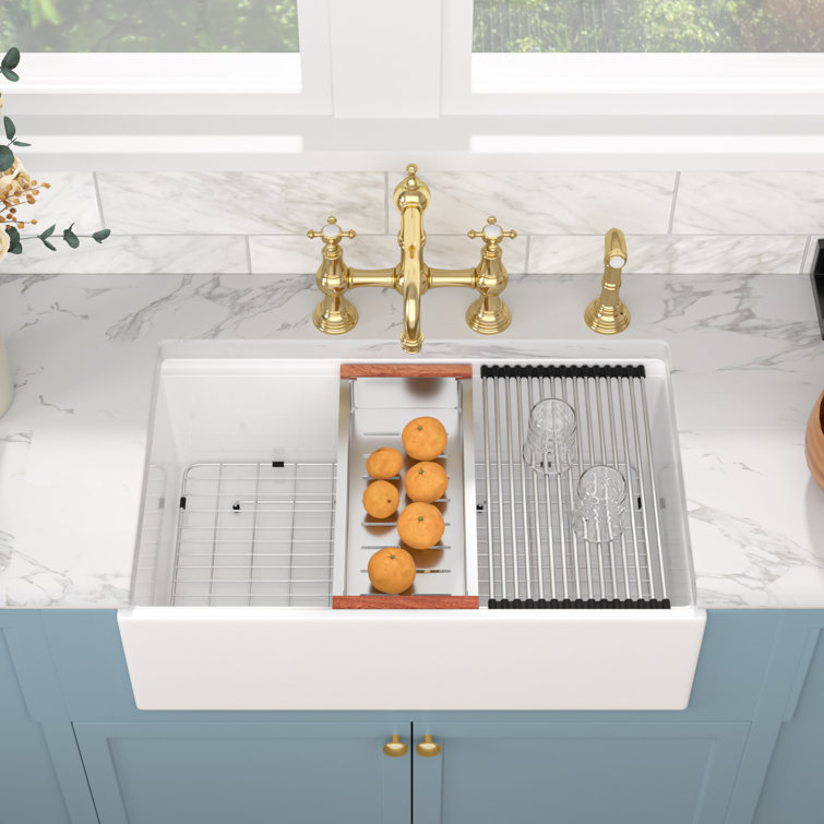 33'' White Ceramic Farmhouse Workstation Kitchen Sink with Accessories