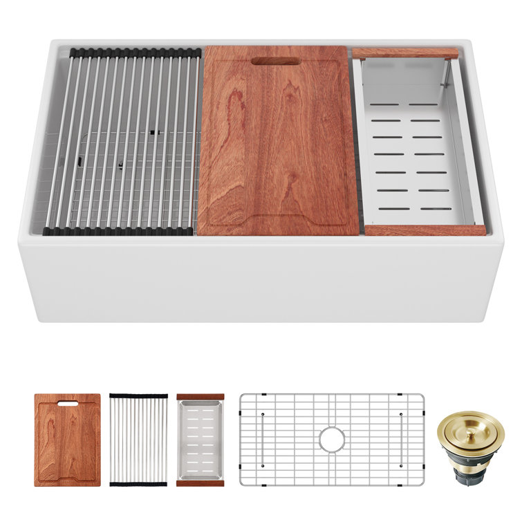 33'' White Ceramic Farmhouse Workstation Kitchen Sink with Accessories