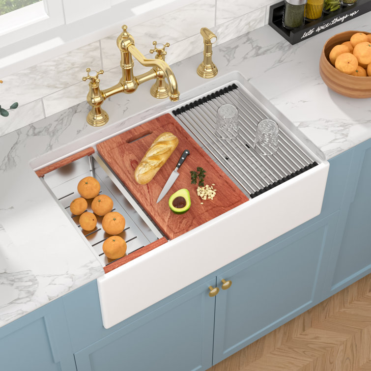 33'' White Ceramic Farmhouse Workstation Kitchen Sink with Accessories