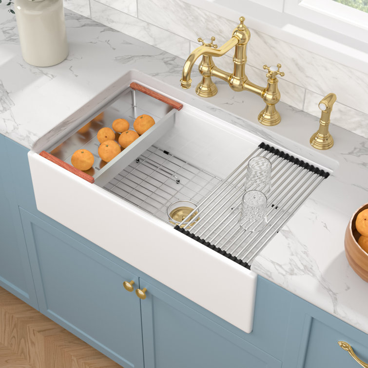 33'' White Ceramic Farmhouse Workstation Kitchen Sink with Accessories