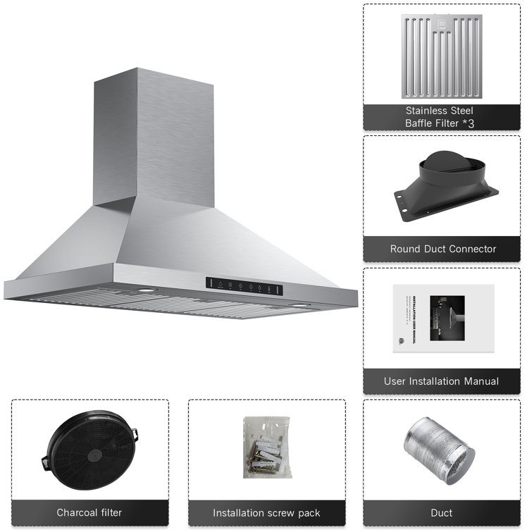 36'' Stainless Steel Convertible Wall Mount Range Hood with Charcoal Filter