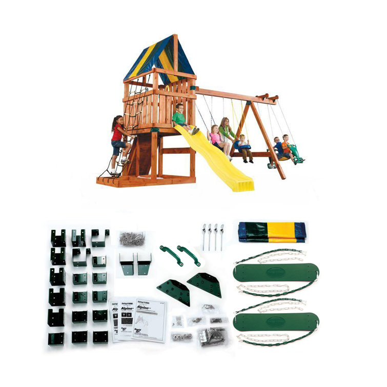 Wooden Playground System with Slide, Swing, and Fort