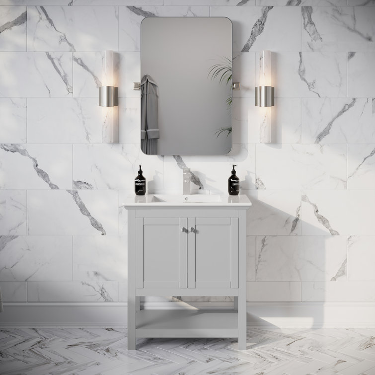 30" Grey Solid Wood & MDF Country Bathroom Vanity with Ceramic Sink