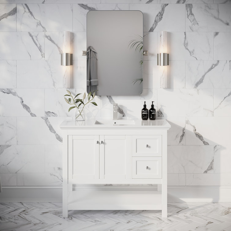 Manchester 42" White Quartz Stone Single Sink Vanity with Open Bottom Shelf
