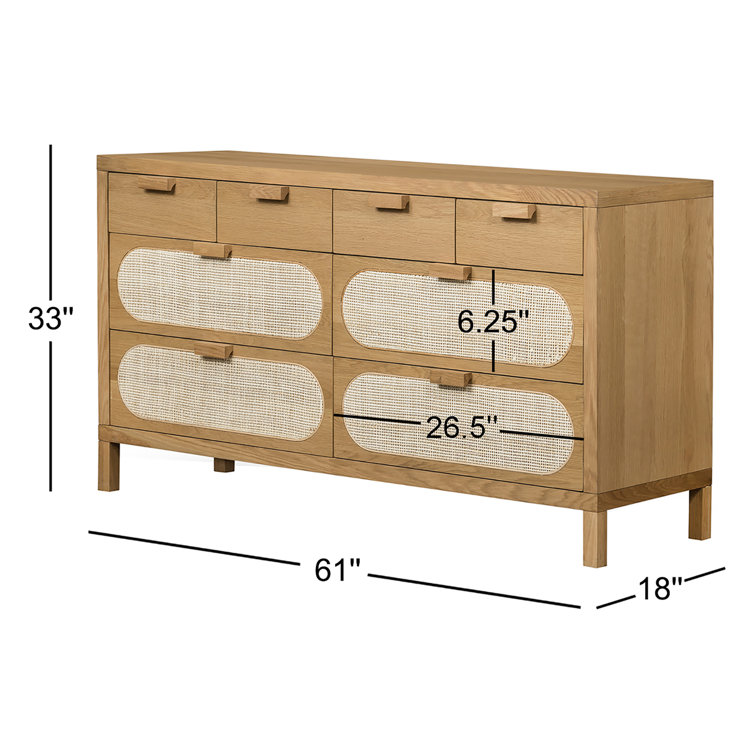 Alder Short Silhouette 8-Drawer Oak and Cane Dresser
