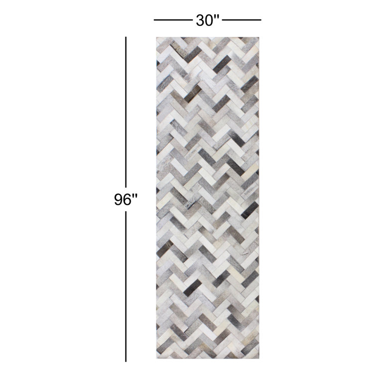 Handmade Geometric Cowhide Runner Rug in Ash Gray
