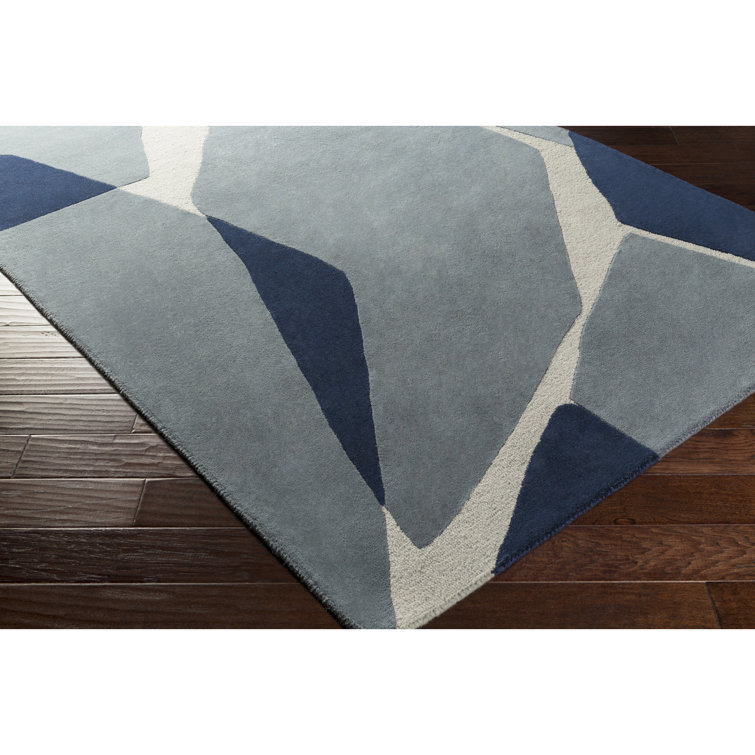 Light Blue and Navy Abstract Handmade Wool Rug, 6' x 9'