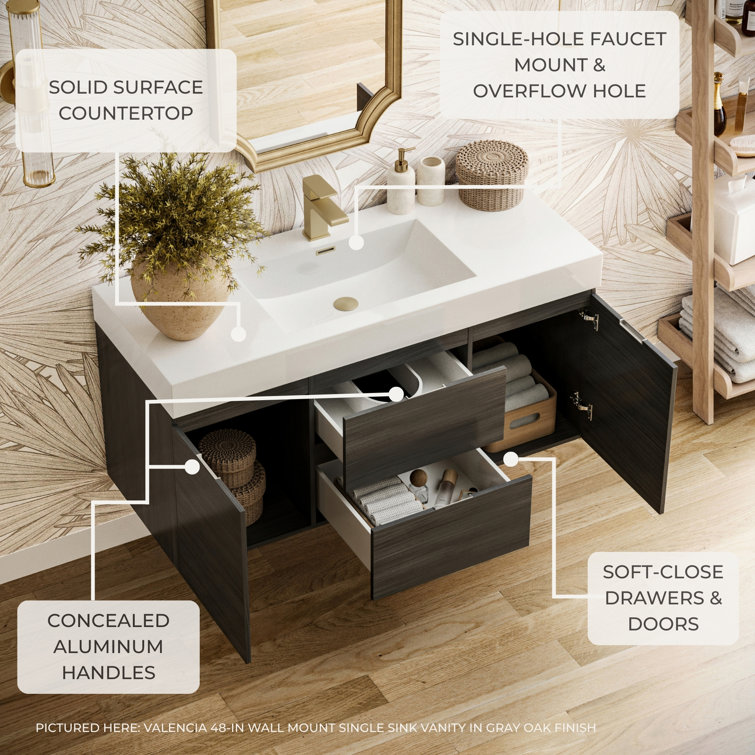 Valencia 48" Gray Oak Wall-Mount Double Sink Vanity