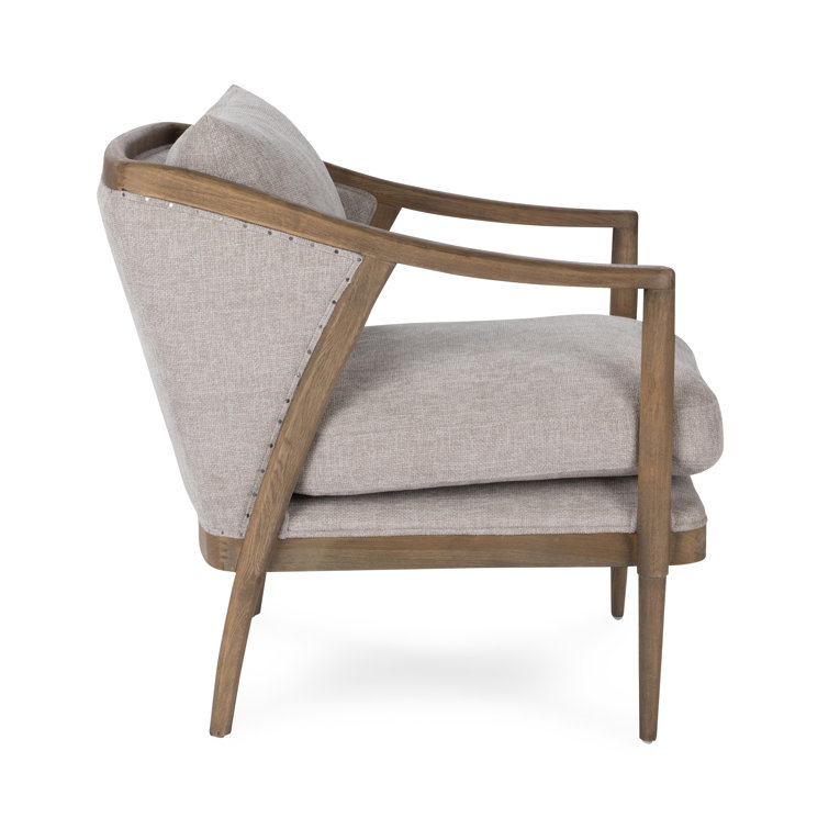 Transitional Beige Leather Swivel Accent Chair with Oak Accents