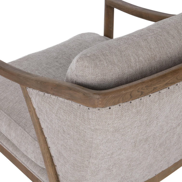 Transitional Beige Leather Swivel Accent Chair with Oak Accents