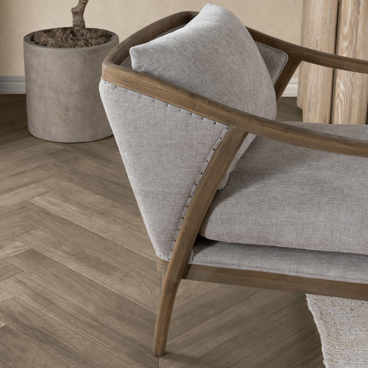 Transitional Beige Leather Swivel Accent Chair with Oak Accents