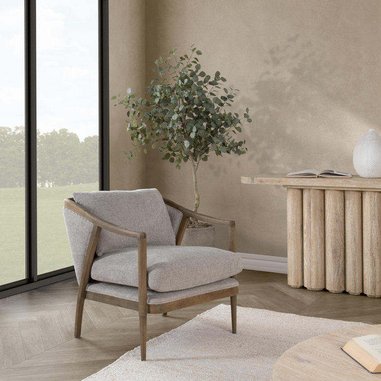 Transitional Beige Leather Swivel Accent Chair with Oak Accents