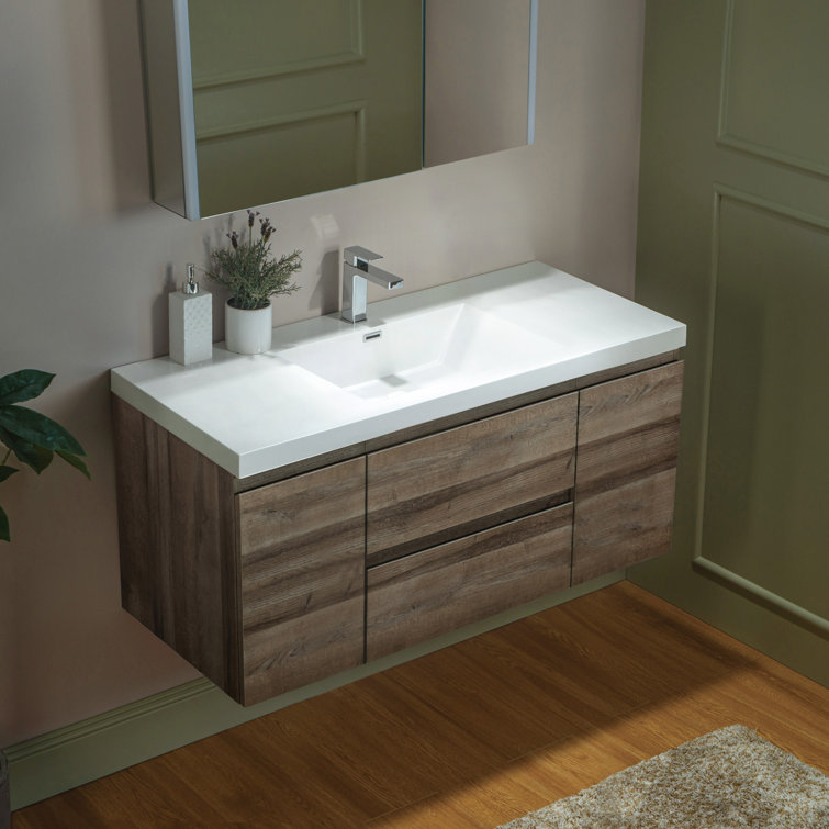 47" Gray Oak Wall-Mounted Floating Vanity with White Resin Top