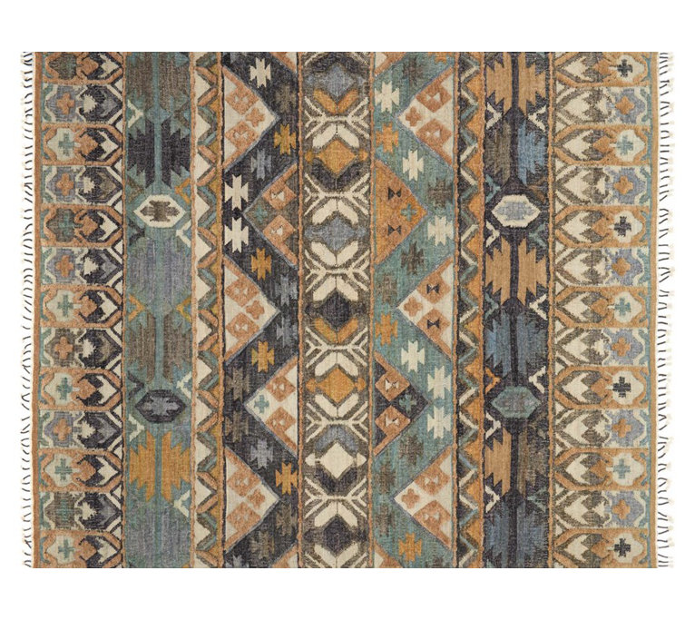 Hand-Knotted Owen Ocean Blue Geometric Wool-Cotton Rug, 5' x 7'
