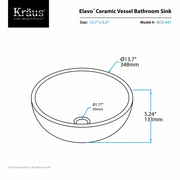Elavo White Ceramic Round Vessel Sink with Oil Rubbed Bronze Drain