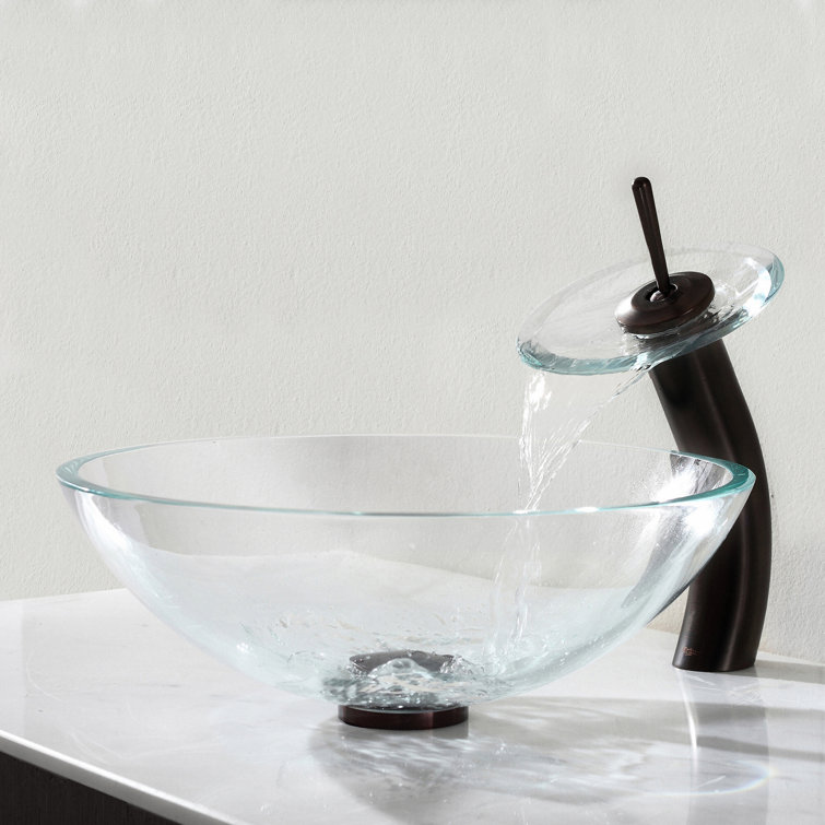 Elegant Bronze Gold Finish Vessel Bathroom Faucet with Clear Brown Glass Disk
