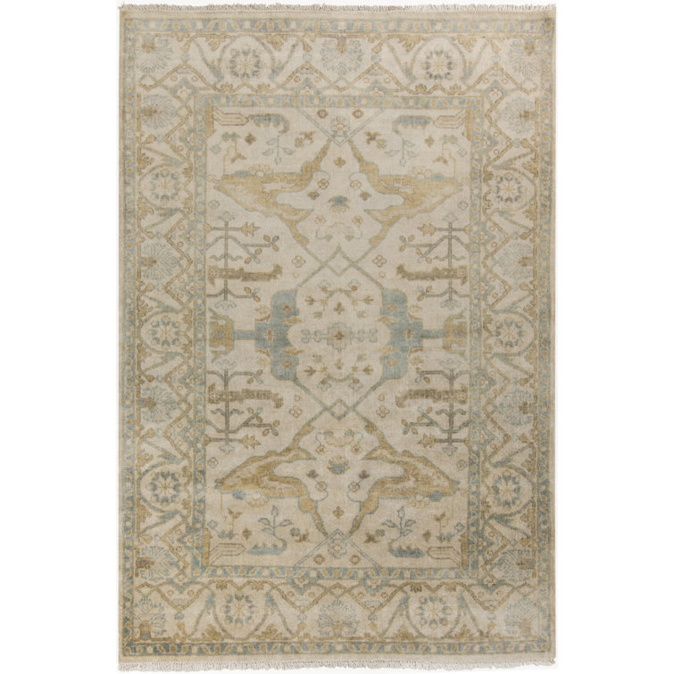 Hand-Knotted Ivory Wool and Viscose Rectangular Area Rug