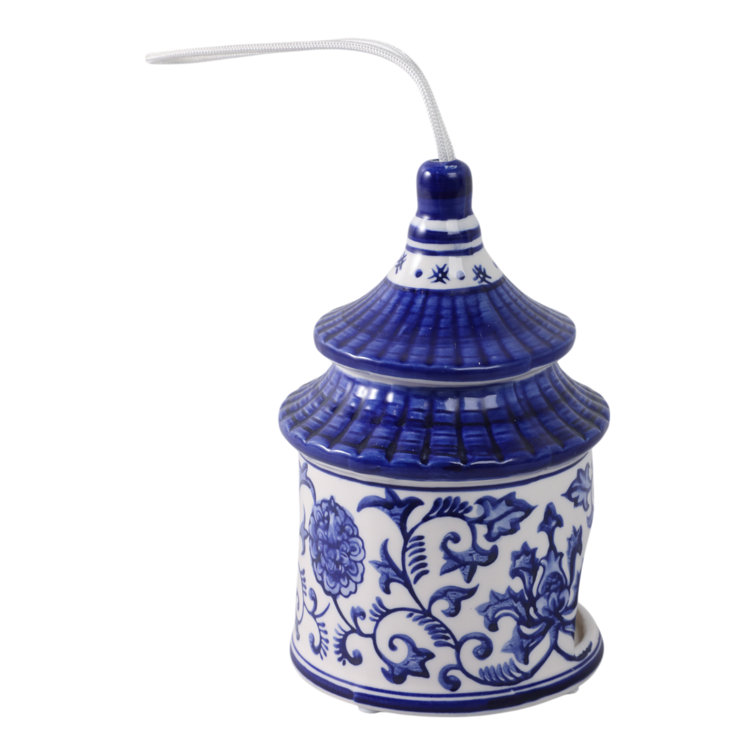 White and Blue Ceramic Chinoiserie Pagoda Bird House