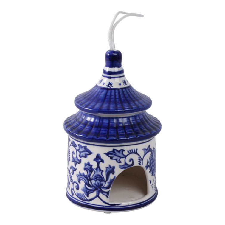 White and Blue Ceramic Chinoiserie Pagoda Bird House