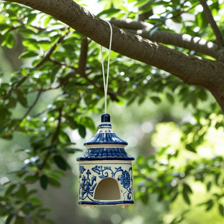 White and Blue Ceramic Chinoiserie Pagoda Bird House