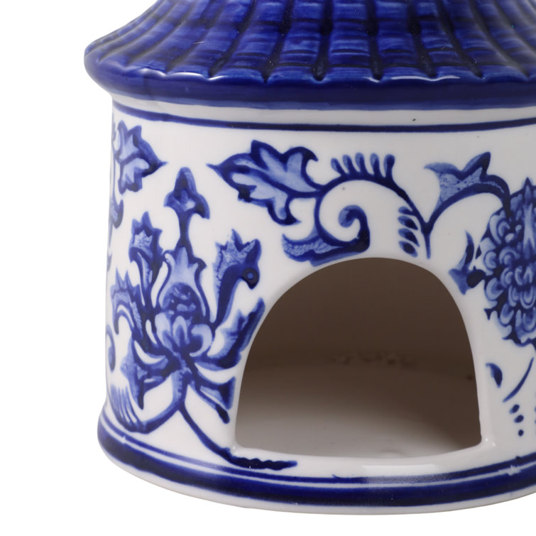 White and Blue Ceramic Chinoiserie Pagoda Bird House