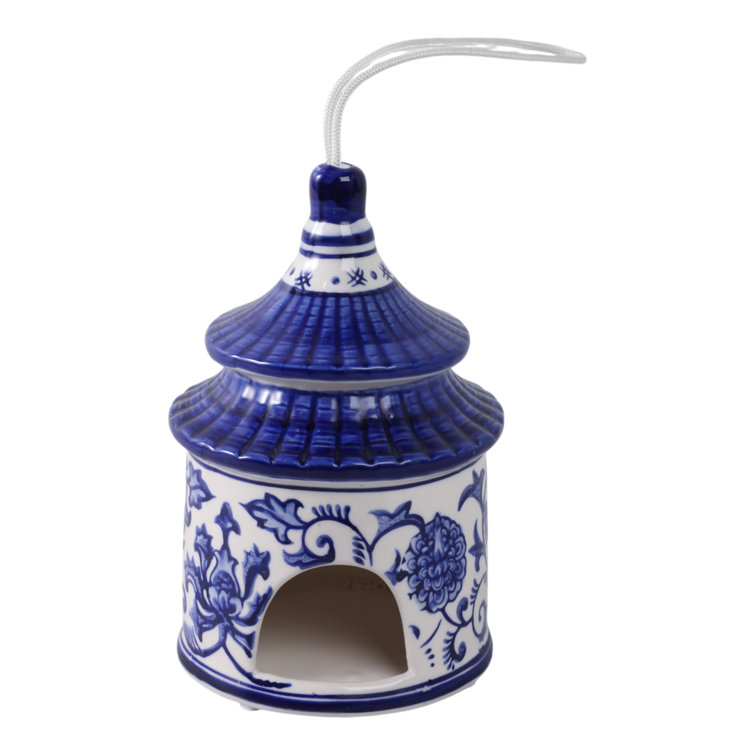 White and Blue Ceramic Chinoiserie Pagoda Bird House