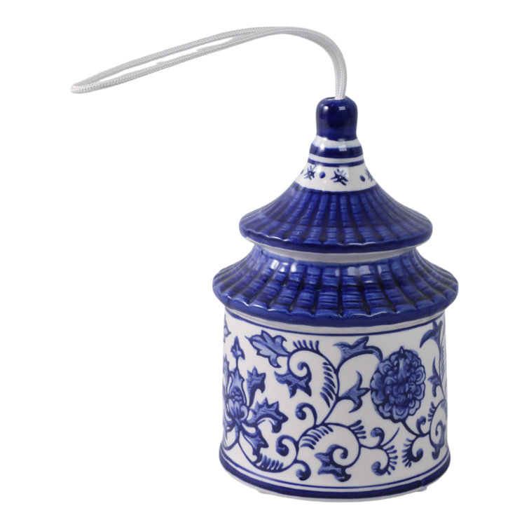 White and Blue Ceramic Chinoiserie Pagoda Bird House