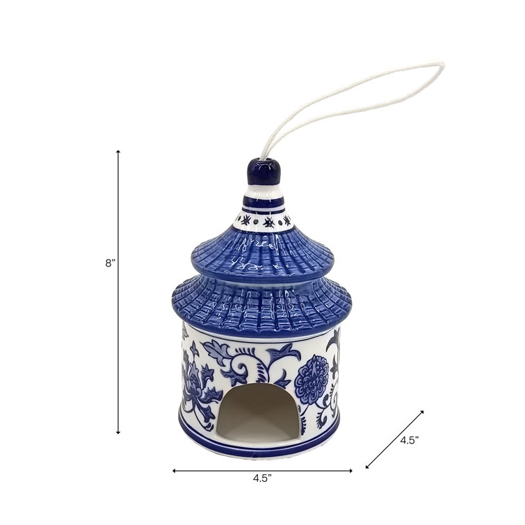 White and Blue Ceramic Chinoiserie Pagoda Bird House