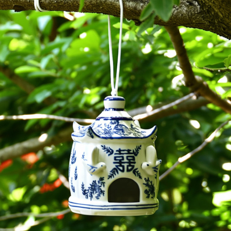 White and Blue Ceramic Pagoda Bird House with Hanging Rope
