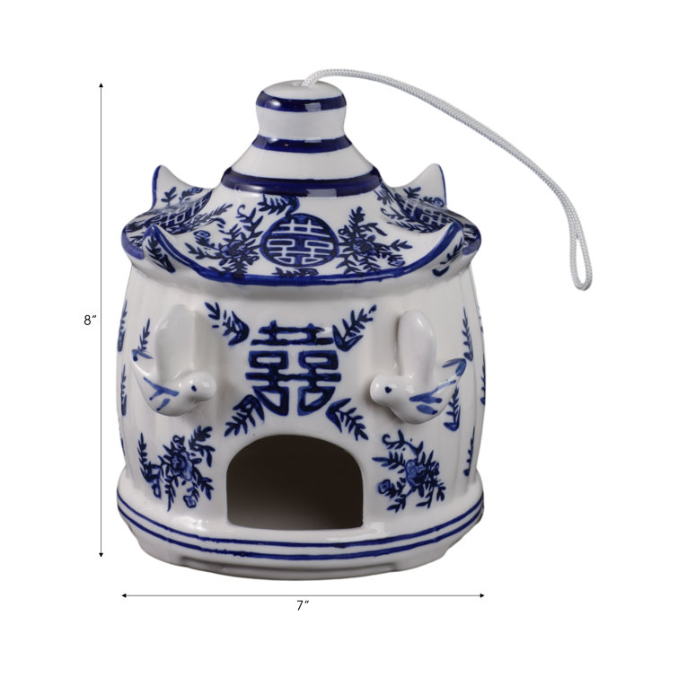 White and Blue Ceramic Pagoda Bird House with Hanging Rope