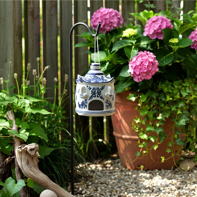 White and Blue Ceramic Pagoda Bird House with Hanging Rope