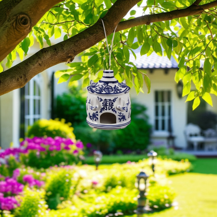 White and Blue Ceramic Pagoda Bird House with Hanging Rope