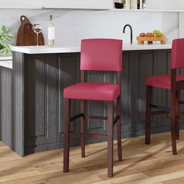 Espresso Wood Bar Stool with Red Faux Leather Upholstery