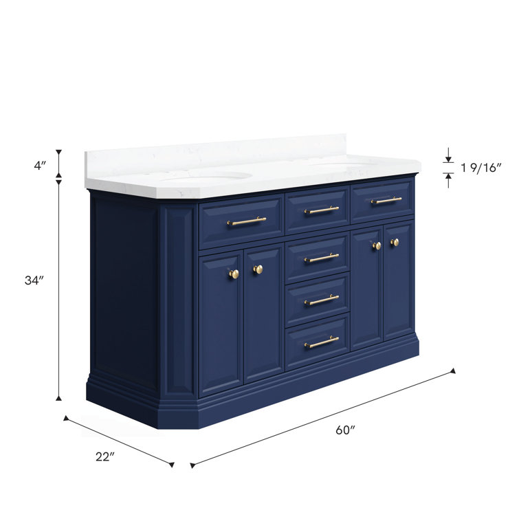 Regal Monarch Blue 60" Solid Wood Double Sink Vanity with Carrara Quartz Top