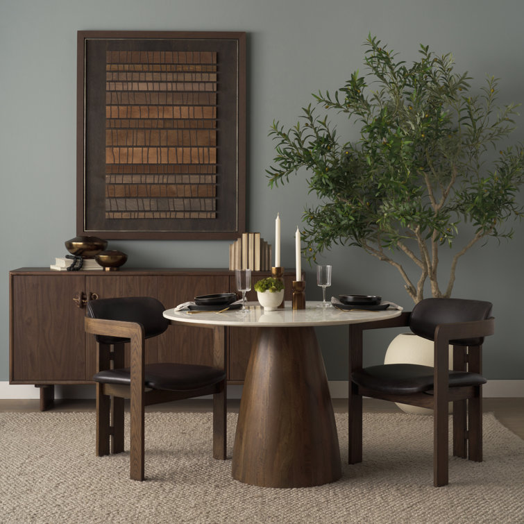 Mellonia Round White Marble Dining Table with Solid Wood Base