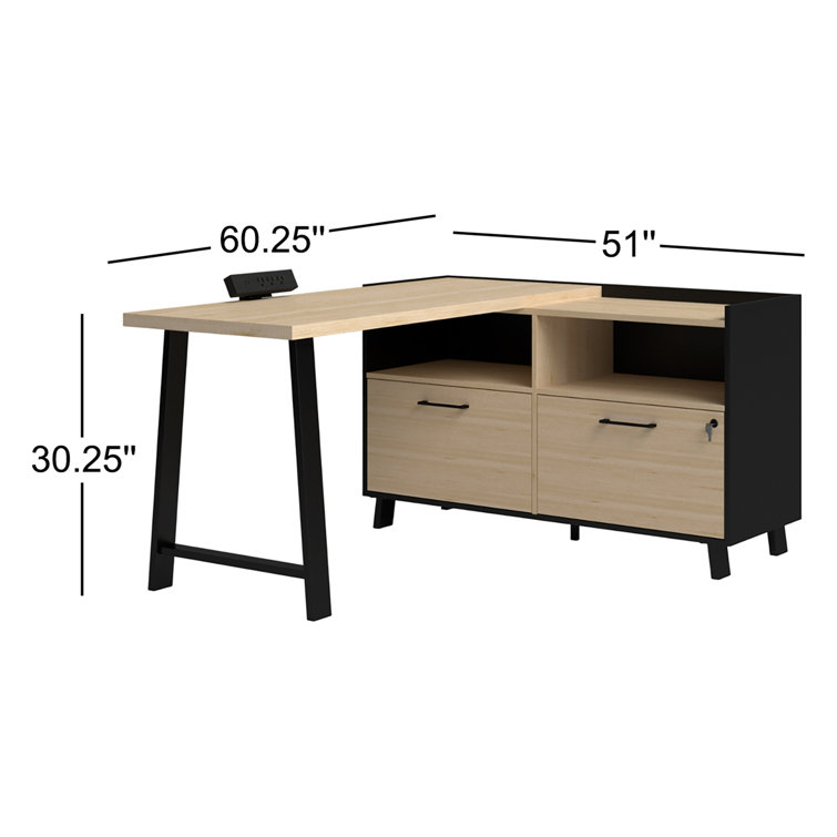 Soft Elm and Matte Black L-Shaped Computer Desk with Power Outlet
