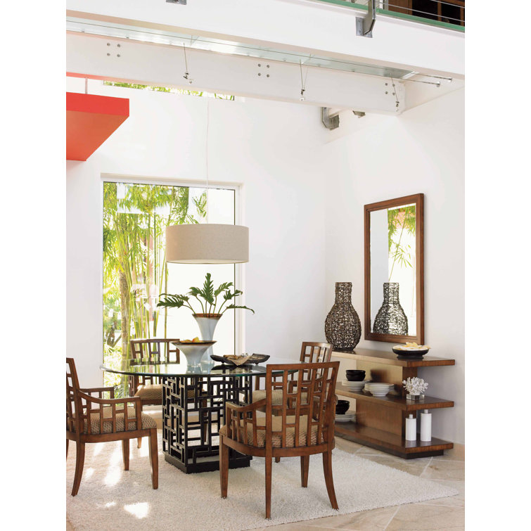 Transitional Tan and Rust Geometric Leather-Wood Arm Chair