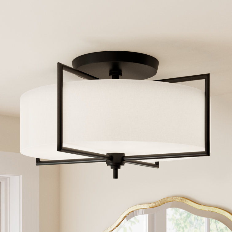 Aged Iron Drum Semi-Flush Mount Light with Glass Shade