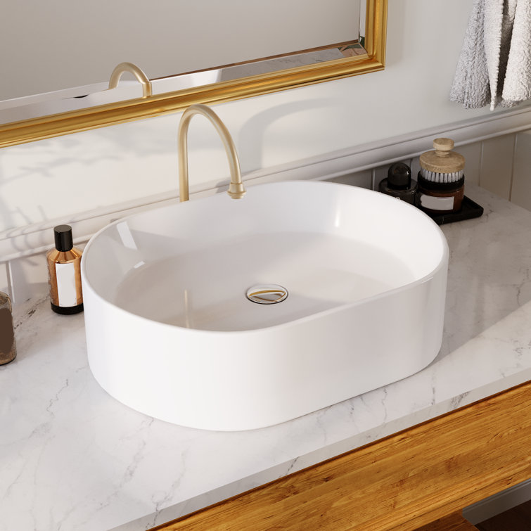 White Ceramic Rectangular Above-Counter Bathroom Vessel Sink
