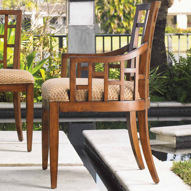 Transitional Tan and Rust Geometric Leather-Wood Arm Chair