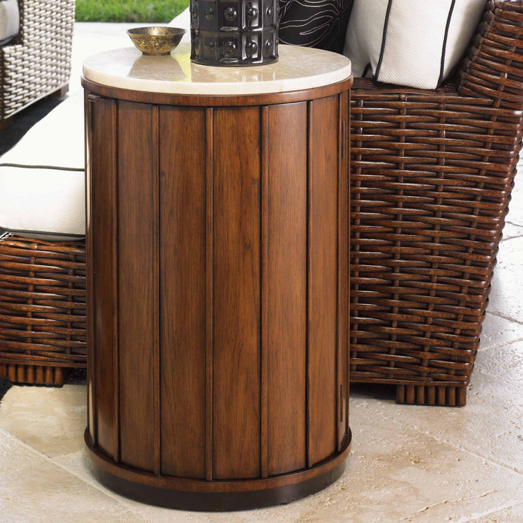 Brown Walnut and Travertine Round Drum Table with Storage