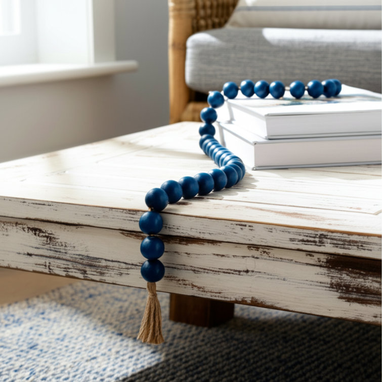 Teal Mango Wood and Jute Beaded Garland with Beige Tassels, 25"